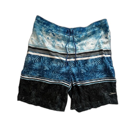 Speedo Men’s Blue Tropical Striped Mesh Lined Drawstring Swim Trunks Size 2XL - Picture 1 of 10